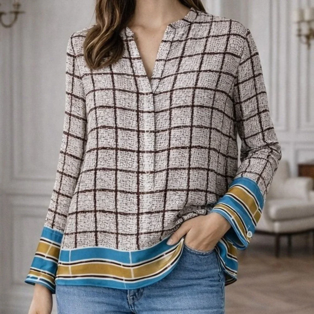 J. Crew Collection Silk Twill Speckled Plaid Blouse Tunic Gold Blue Womens Small